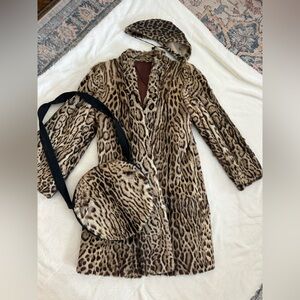 Vintage Real Leopard Fur Coat With Cap and Purse 1970’s